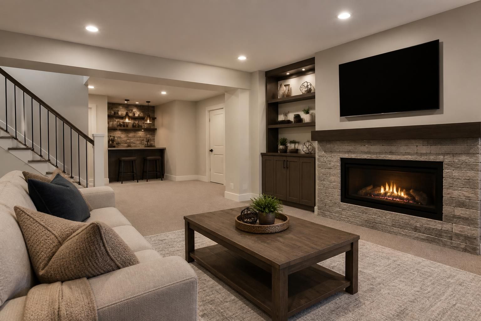 Finished basement living area with recessed lighting and soft neutrals.