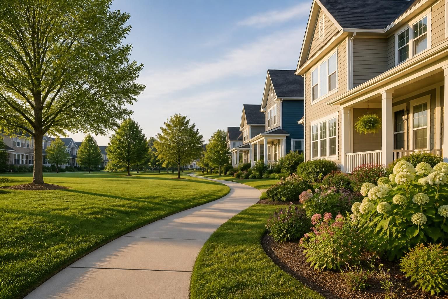 Well-maintained houses beside open green space in a neighborhood.