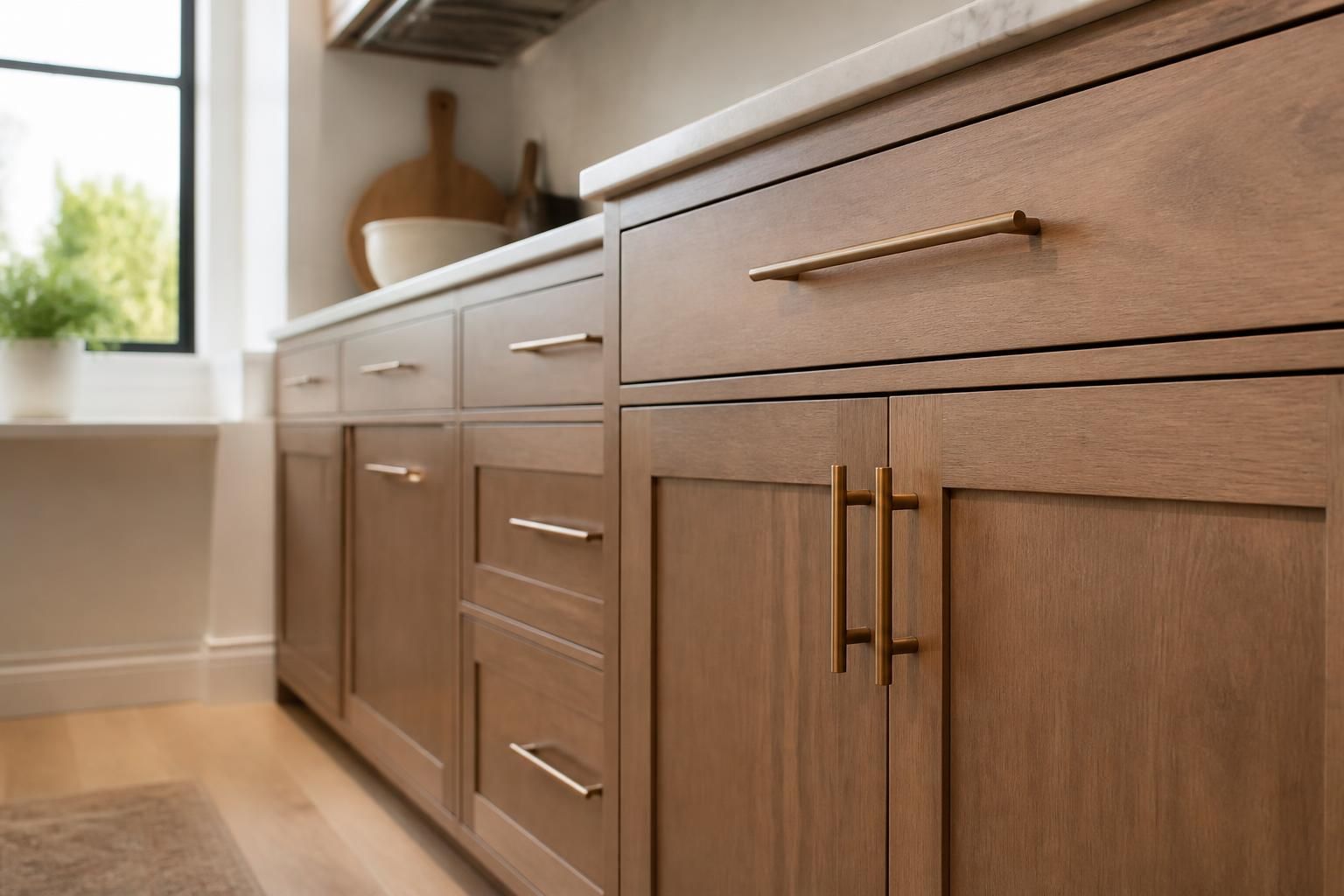 Newly installed custom kitchen cabinets with clean finishes.