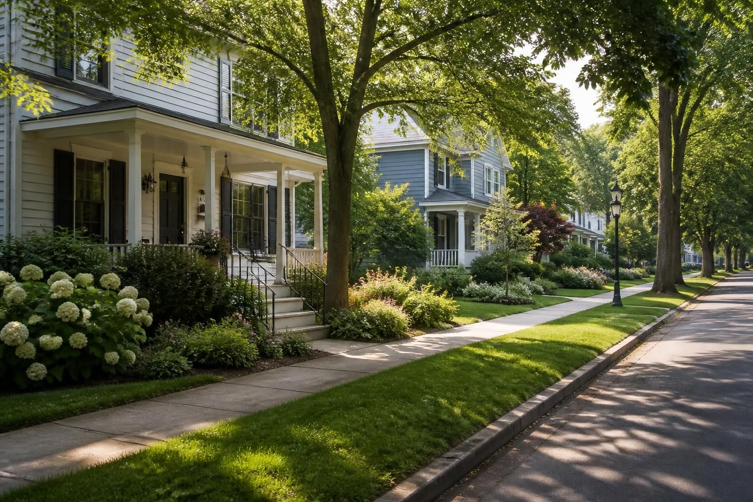 Classic homes and mature landscaping on a quiet street.