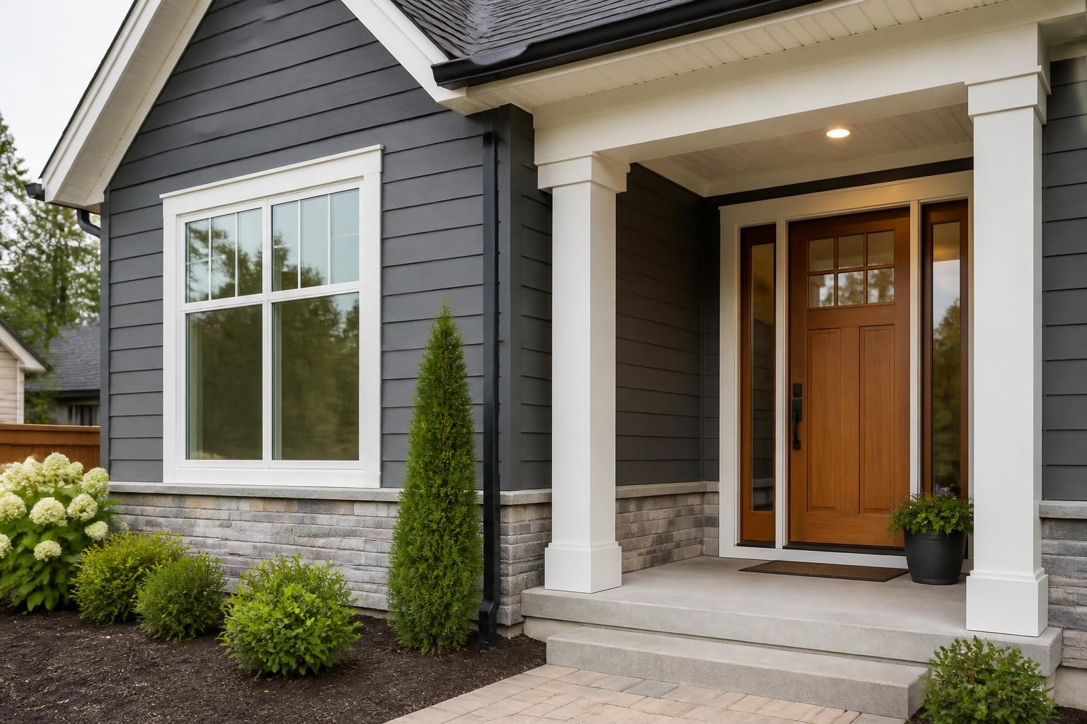 Renovated home exterior with updated siding and windows.