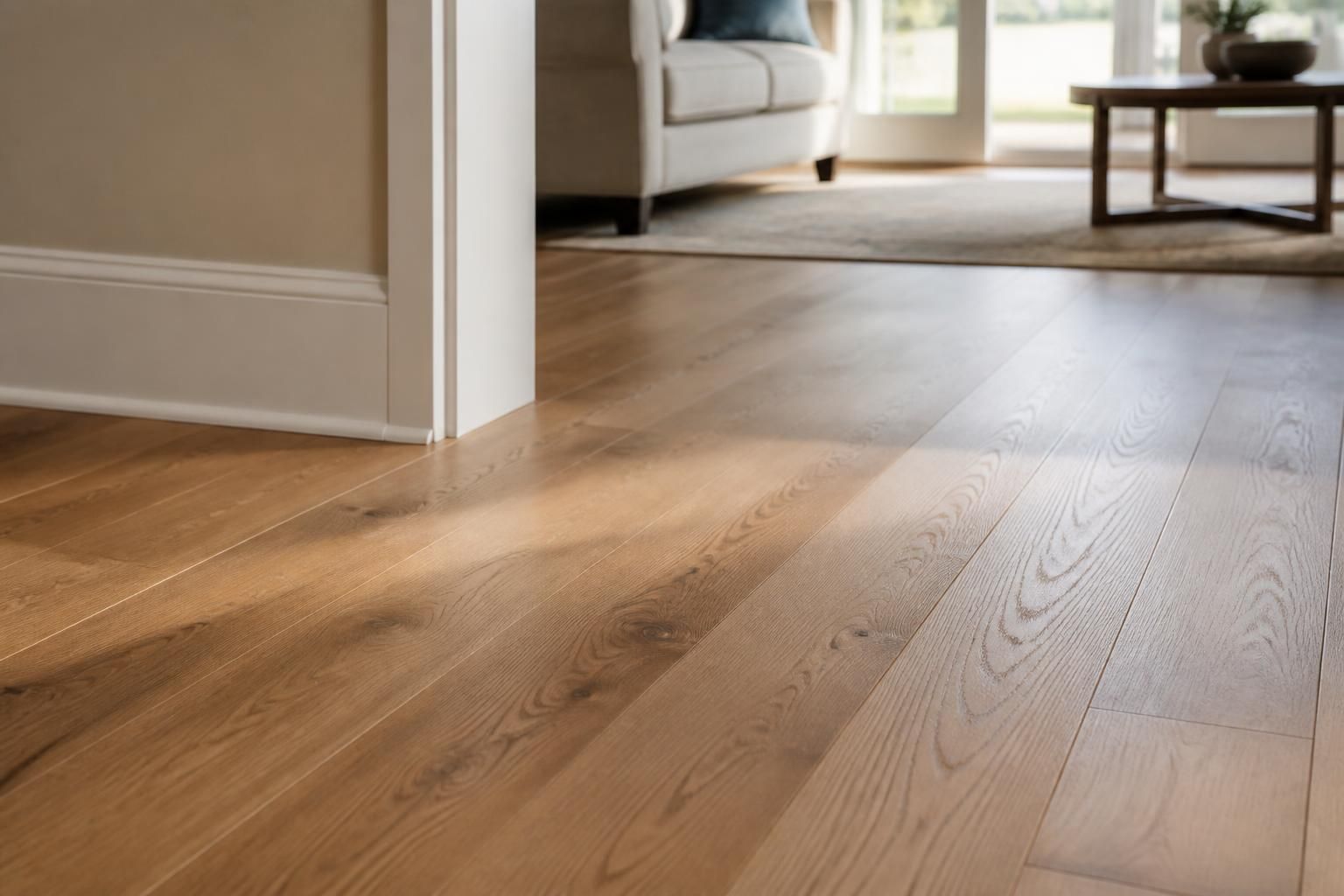 Newly installed hardwood flooring in a finished interior.