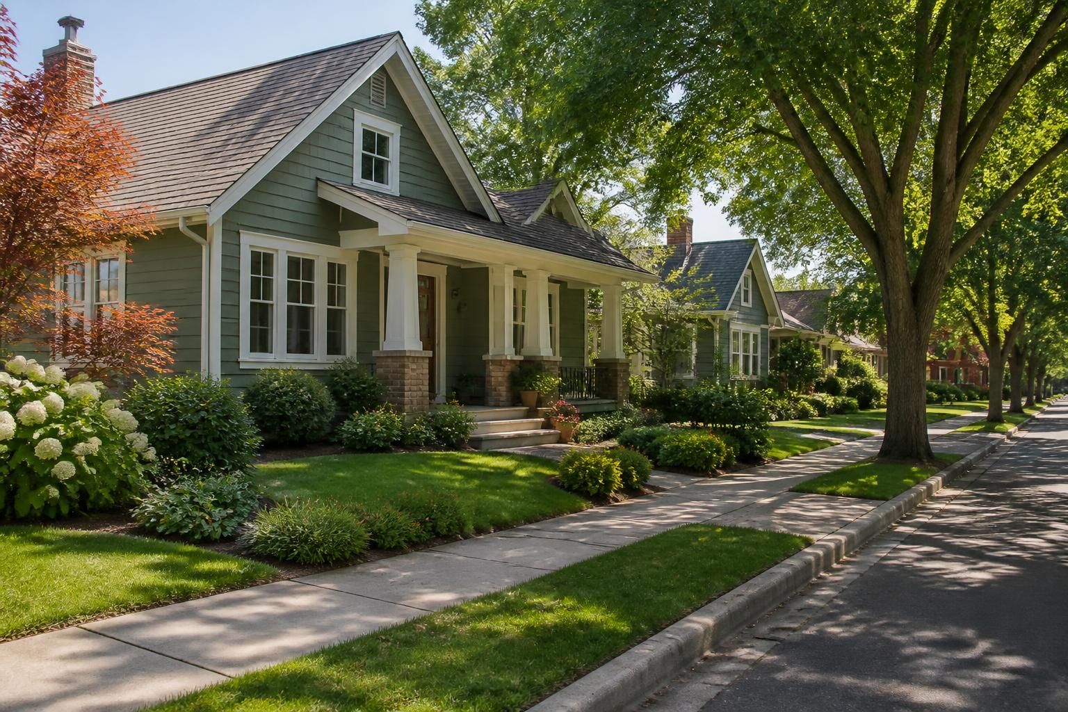 Peaceful residential street with established homes and leafy trees.