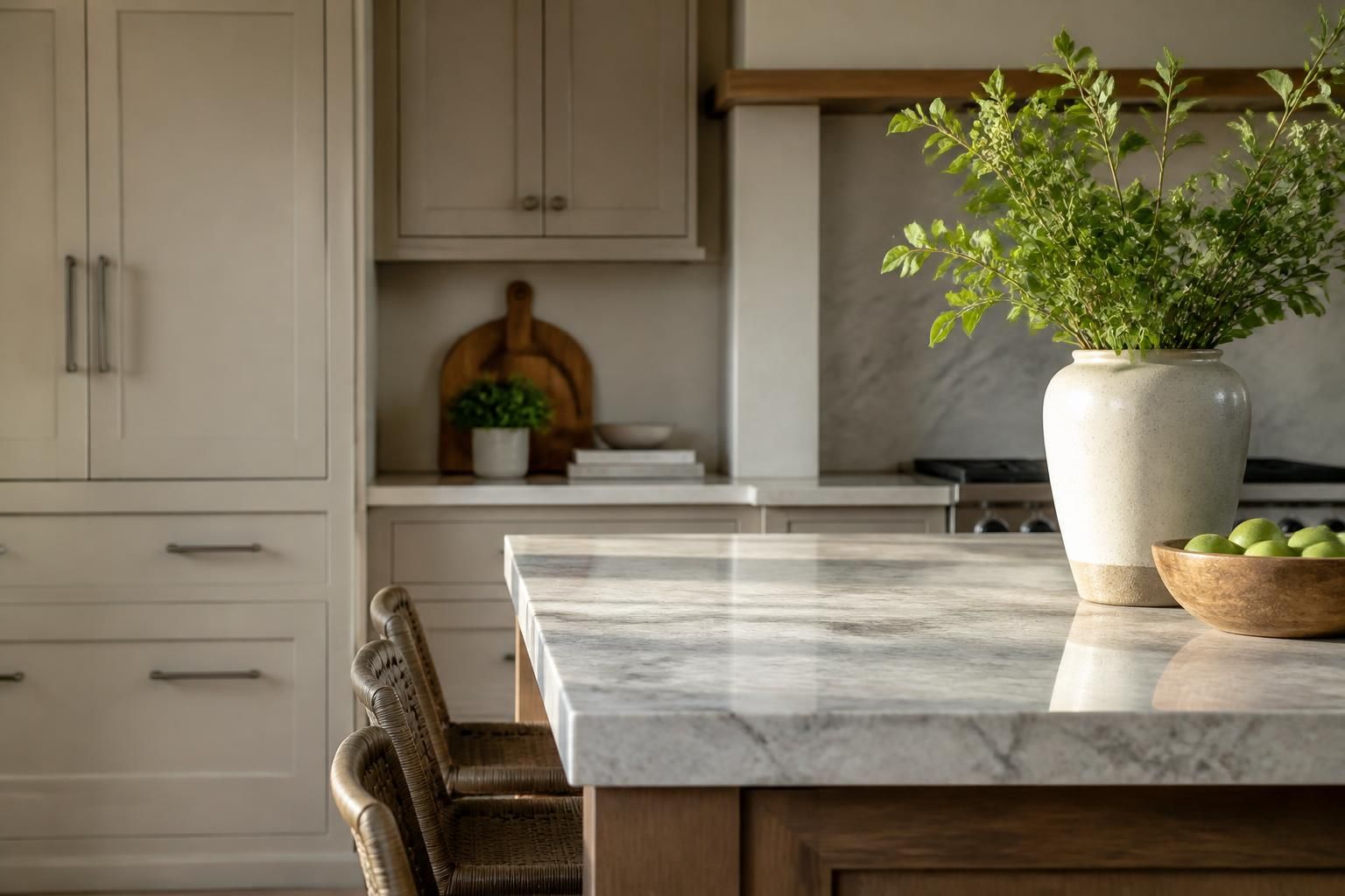 Finished kitchen renovation with custom cabinetry and stone island.