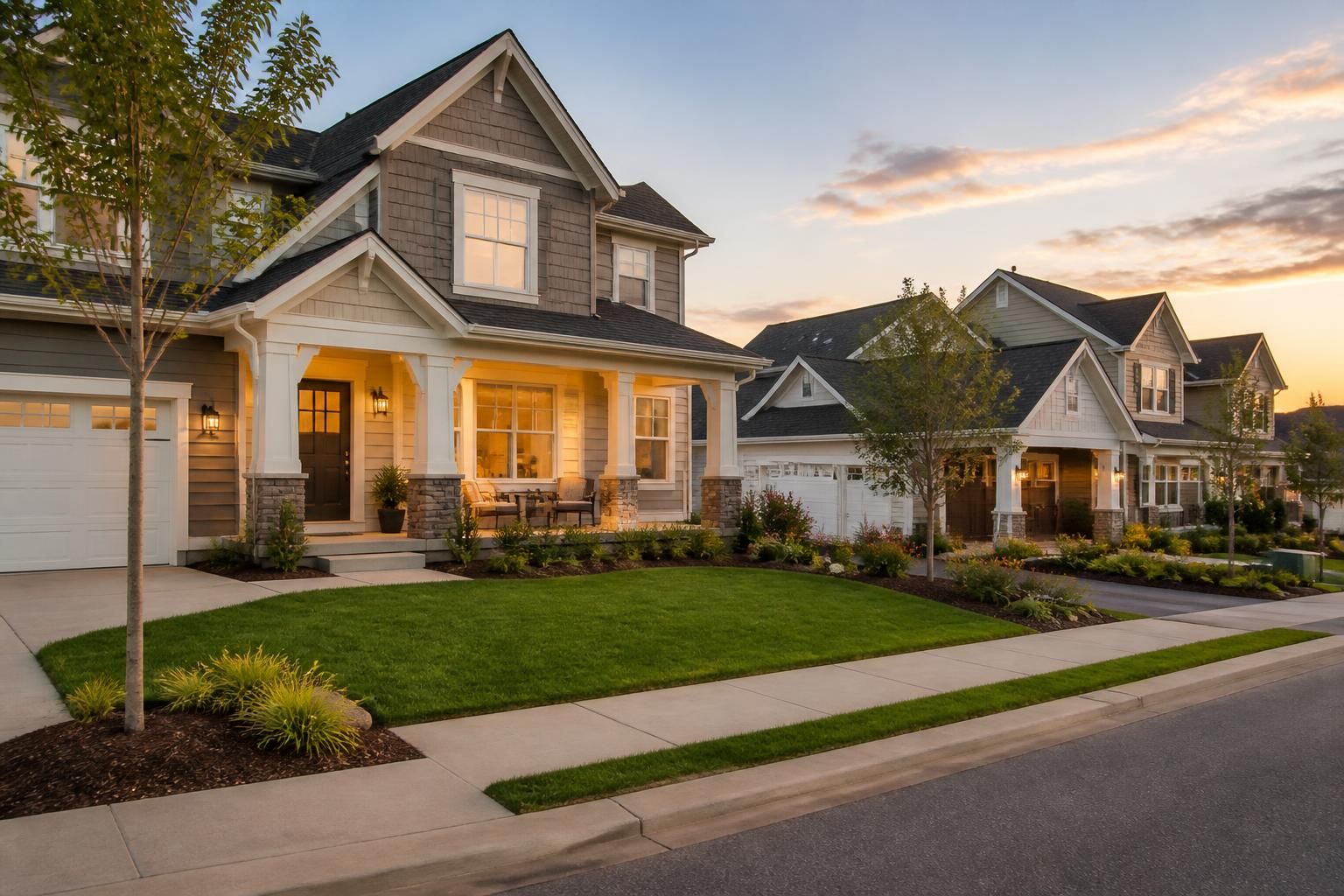 Suburban neighborhood with modern homes and manicured lawns.