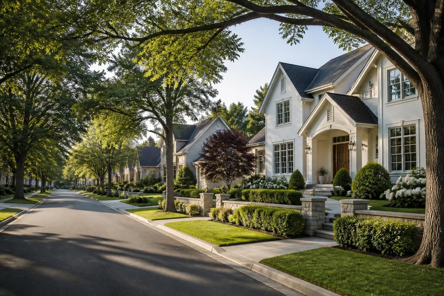 Upscale neighborhood street with homes and mature trees.