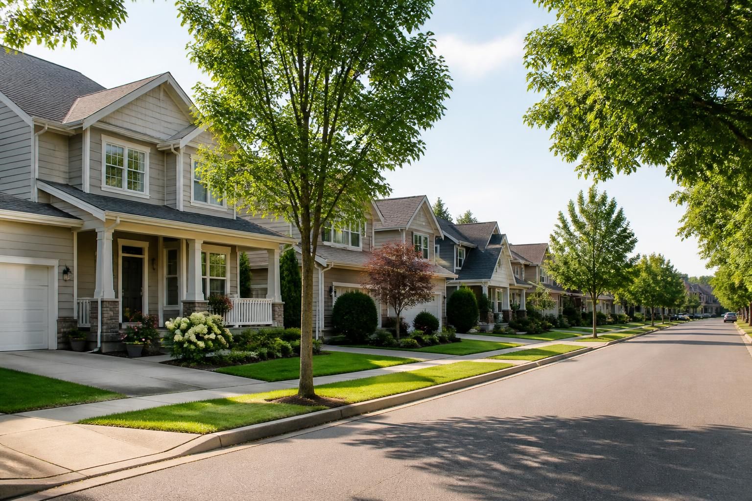 Tidy suburban neighborhood with tree-lined streets.