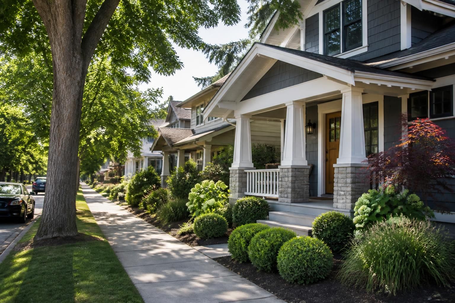 Updated homes on a shaded urban-suburban street.