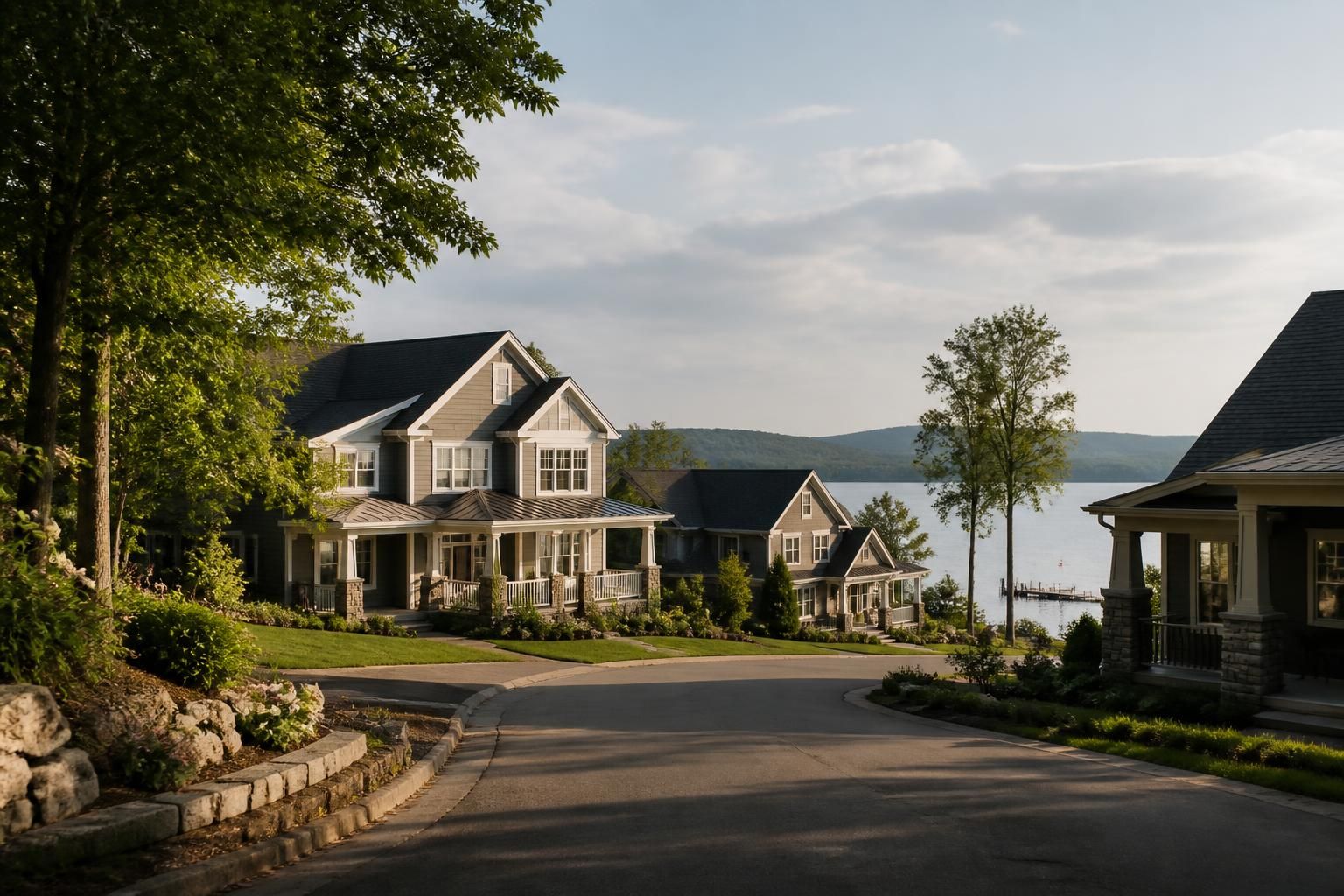 Lakeside neighborhood with refined homes and quiet streets.